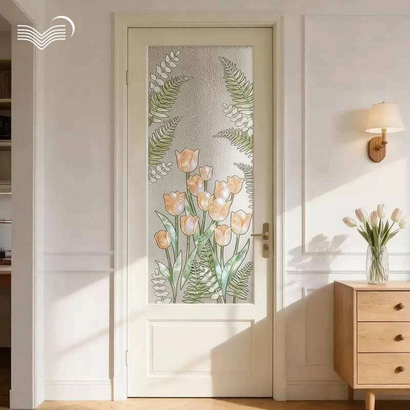 Vintage Tulip Fern Water Ripple Static Cling Window Film Anti-peep Door Window Decorative Sticker PVC Privacy Glass Decal