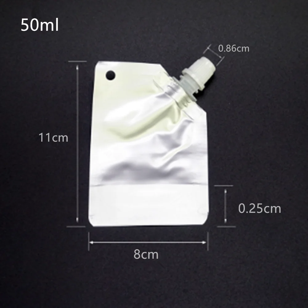 20pcs 50ml Small Stand Up Liquid Packaging Bags -  Silvery White Pure Aluminum Foil Pouches with Suction Nozzle Drinks Doypacks