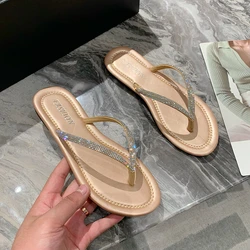 Rhinestone Slippers Women New Summer Shoes Women Fashion Bling Flip Flops Soft Comfort Flat with Slippers Gold Beach Sandals