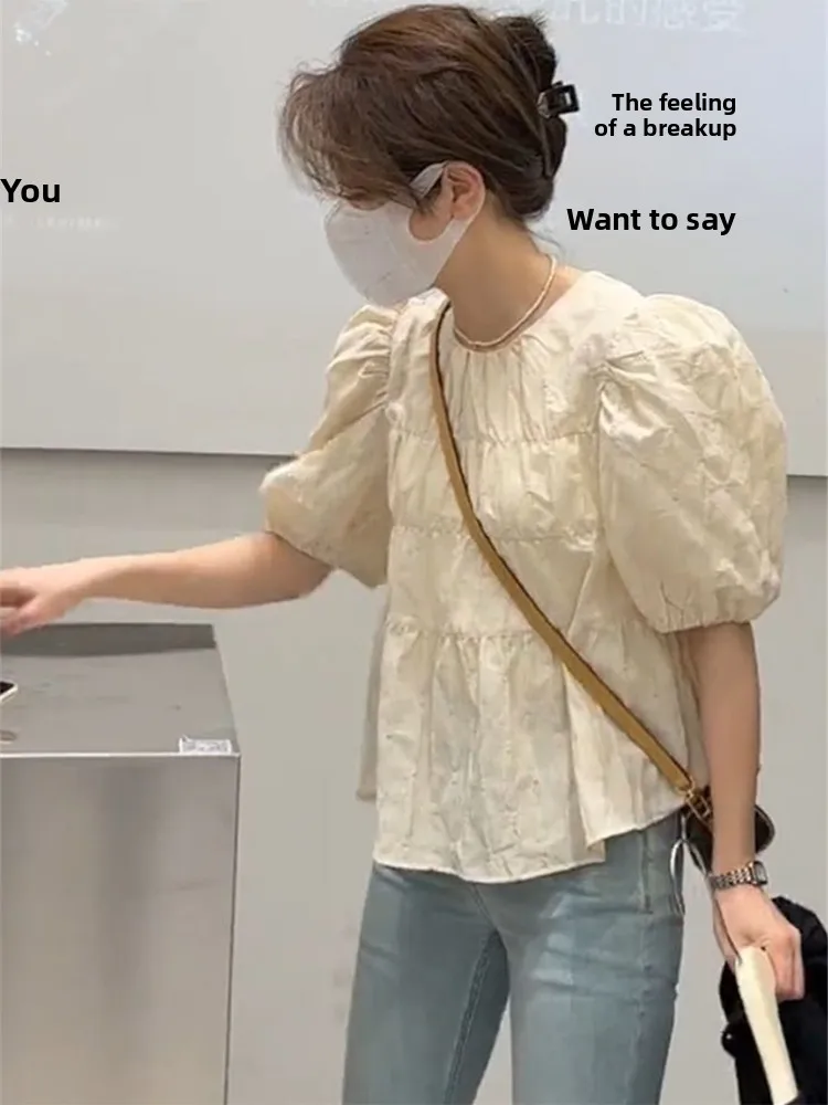 

Spring Summer Women's Short Sleeve Bubble Shirt Pleated Chiffon Top Unique Small Size Korean Style round Neck Loose Fit Blouse