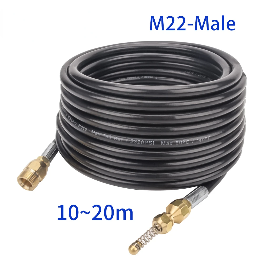 

10~20 Meters High Pressure Washer Sewer Drain Water Cleaning Hose Sewer Jetter Pipe Kit M22-Male Thread Connector