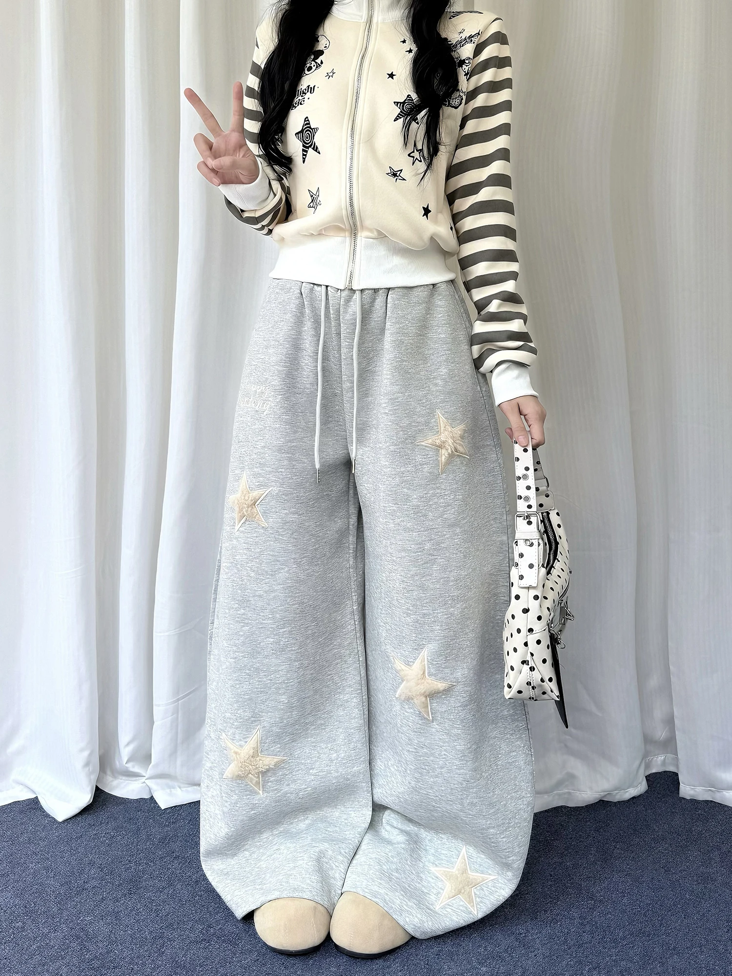 

Ретро-американские спортивные брюки с вышивкой «Сахарная звезда», свободные женские брюки с высокой талией, широкие штанины, повседневные, в пол