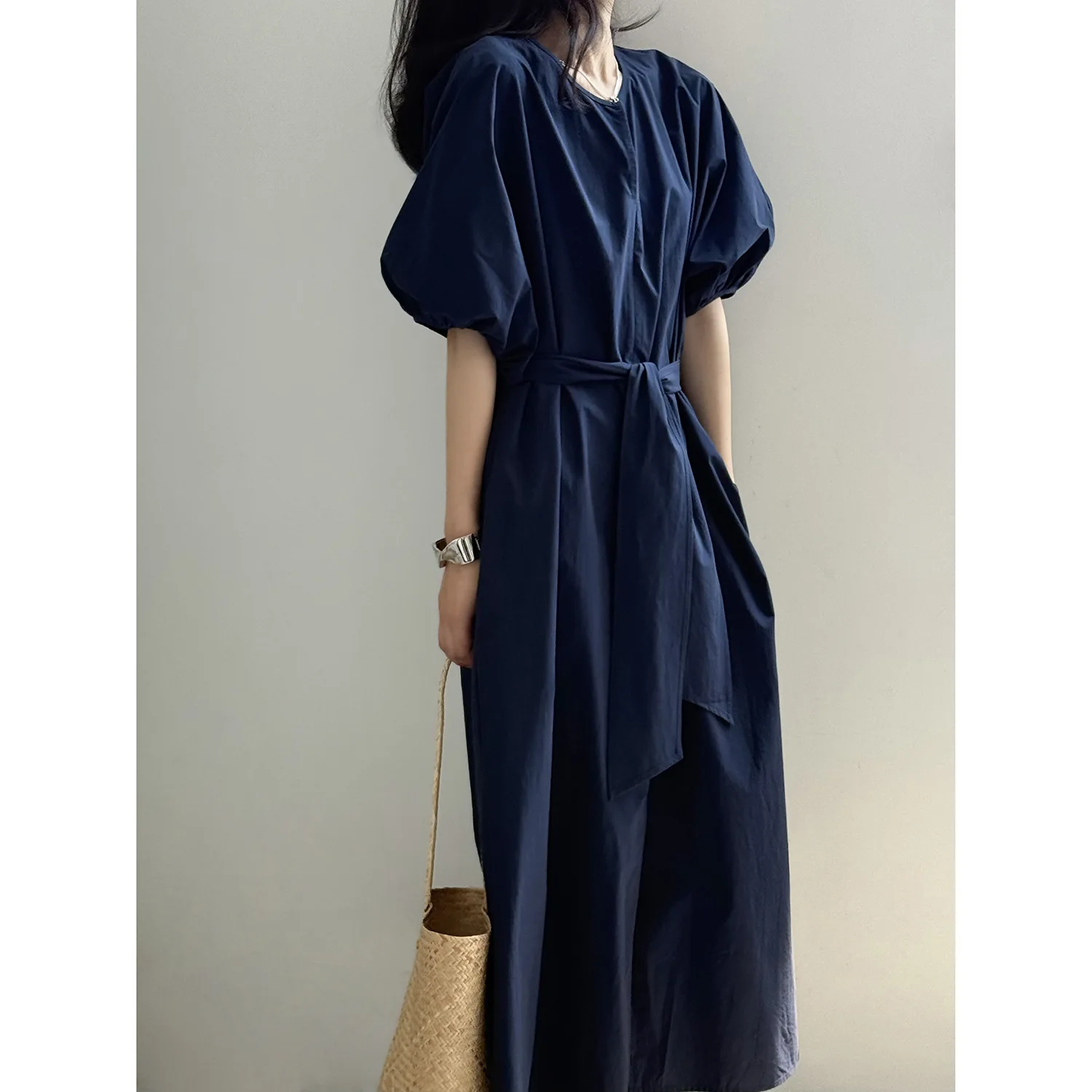 2025 Summer Women's Casual Bubble Sleeve Dress  Cotton Tie-Waist A-Line Long Dress, Loose Boho Style, Short Sleeve 82399