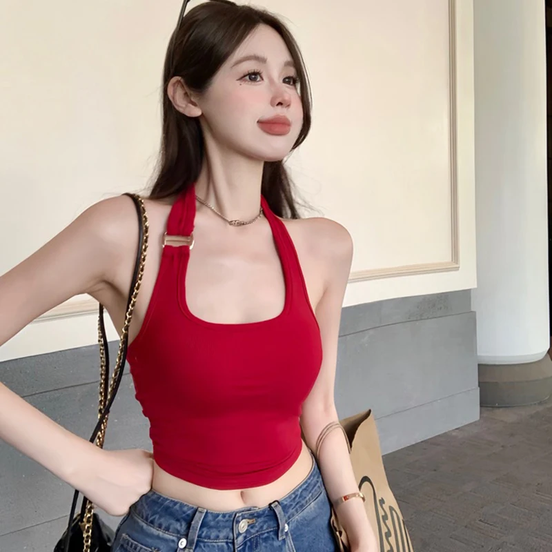 

Летний Лидер продаж, милая майка на бретелях, Женская однотонная модель без рукавов, с бюстгальтером-подкладкой