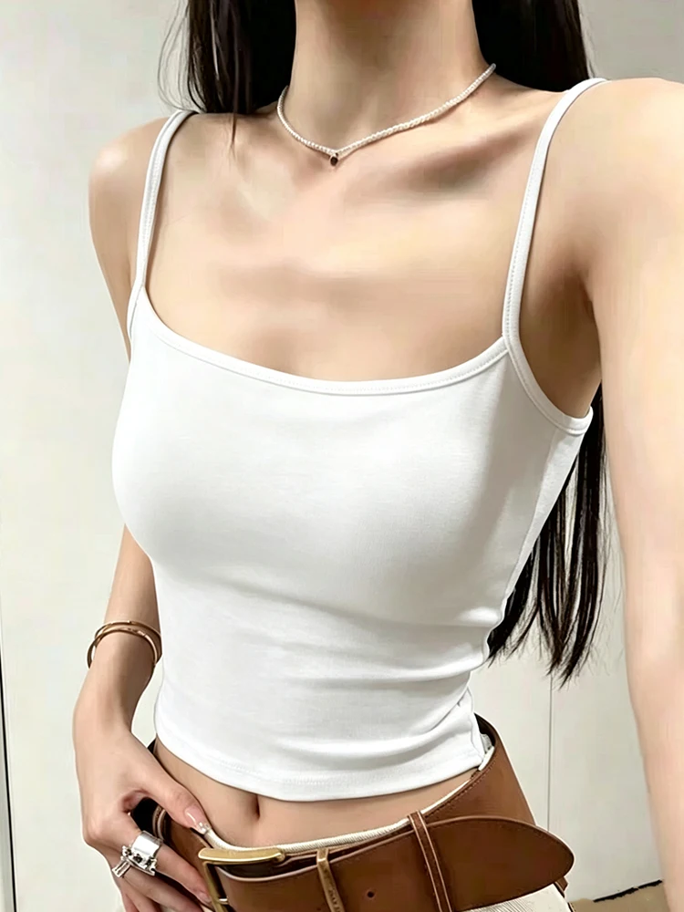 1PC Cotton Spaghetti Straps Sleeveless Slim Camisole Women Soft Breathable Vests with Chest Pad Summer Wear Outside Short Tops