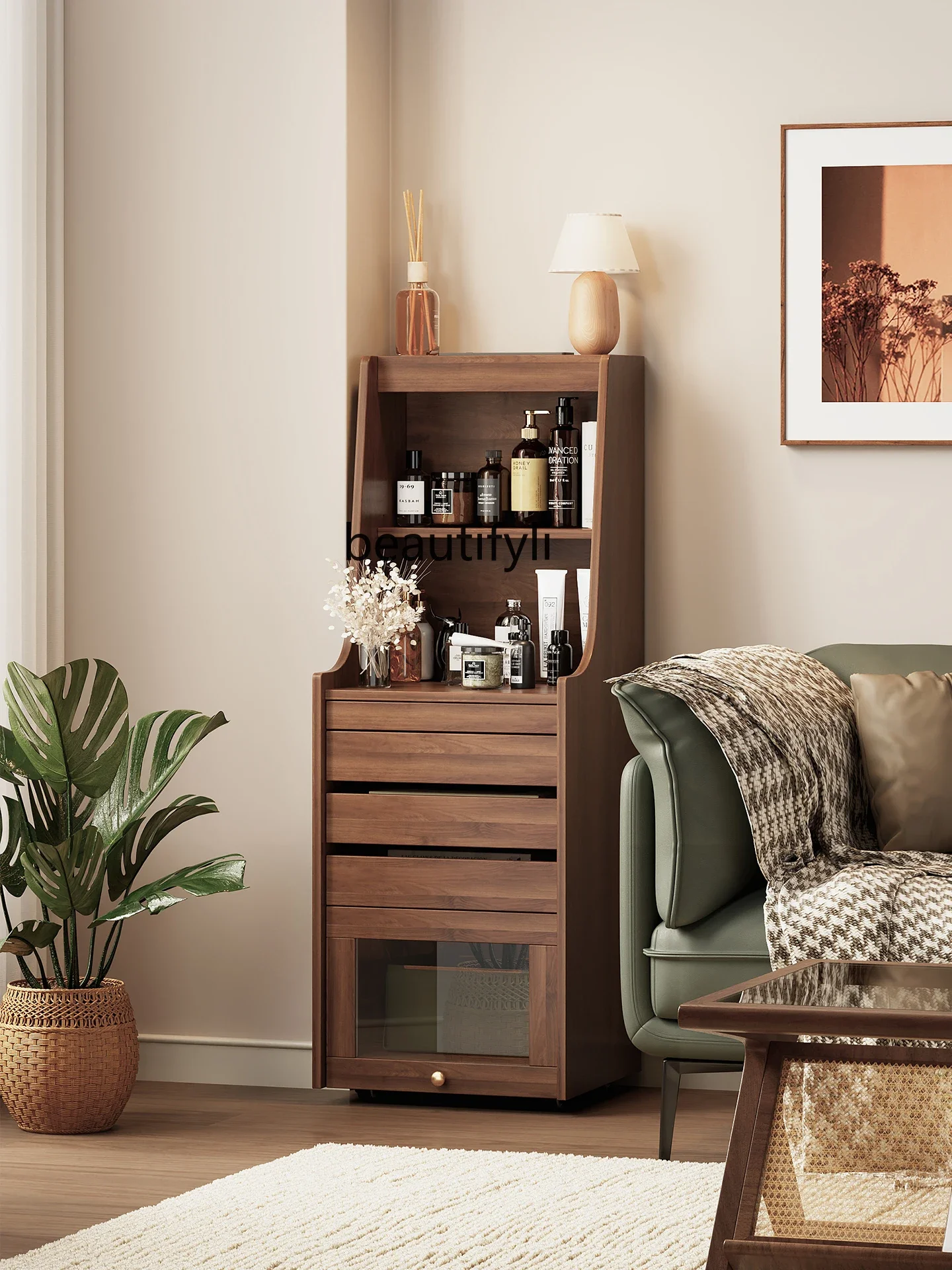 

Asmt56Movable sofa side cabinet, tea cabinet with socket, bedside storage integrated living room, dining side cabinet, small apa