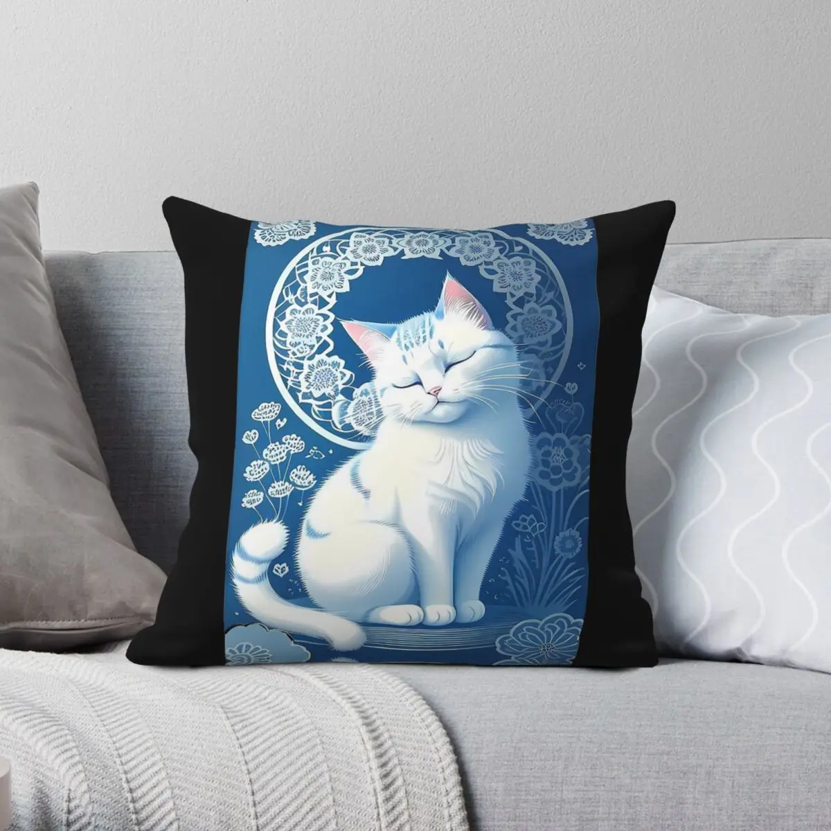 Serenity Of Cyanotype Cat Square Pillowcase Polyester Linen Velvet Pattern Zip Decor Car Cushion Cover Wholesale