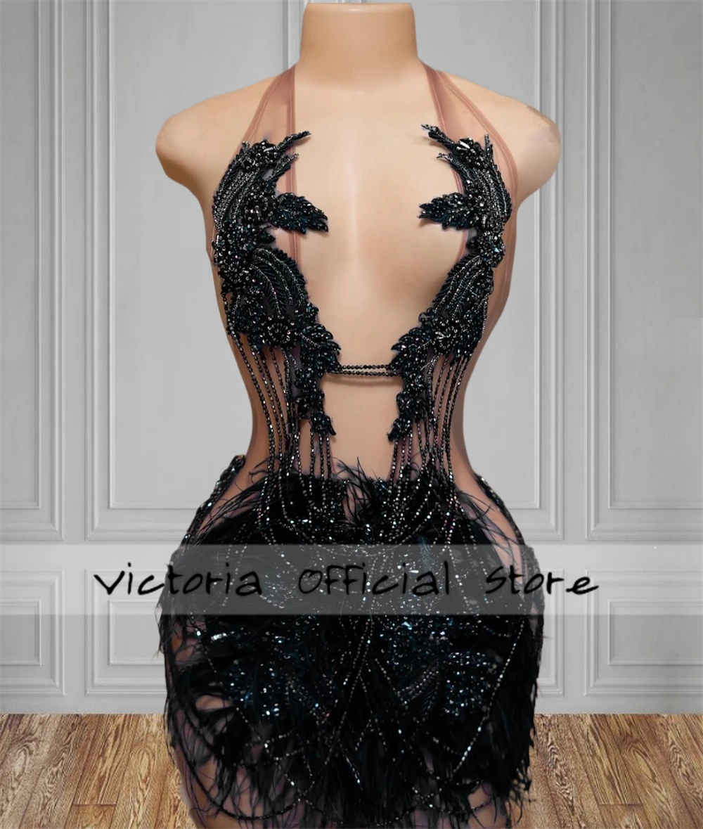Designer Black Tassels Feathers Halter Mermaid Prom Dress For Blackgirls African See Thru Birthday Dress Luxury 2024 Customized