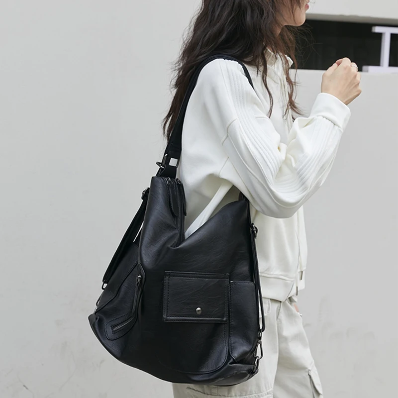 Original Brand Korean Japan Black Bag Large Capacit Multi-pocket Soft Leather Lady Backpack Zone Retro Function Shoulder Totebag