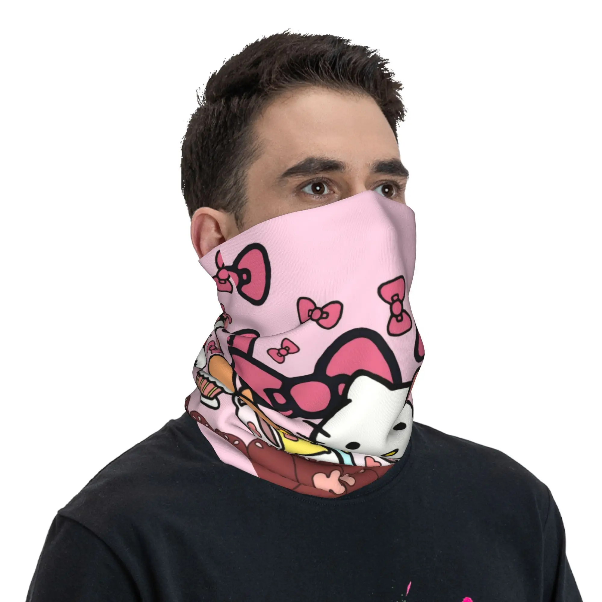 Custom Hello Kitty Anime Bandana Neck Gaiter Windproof Face Scarf Cover Men Women  Headband Tube Balaclava