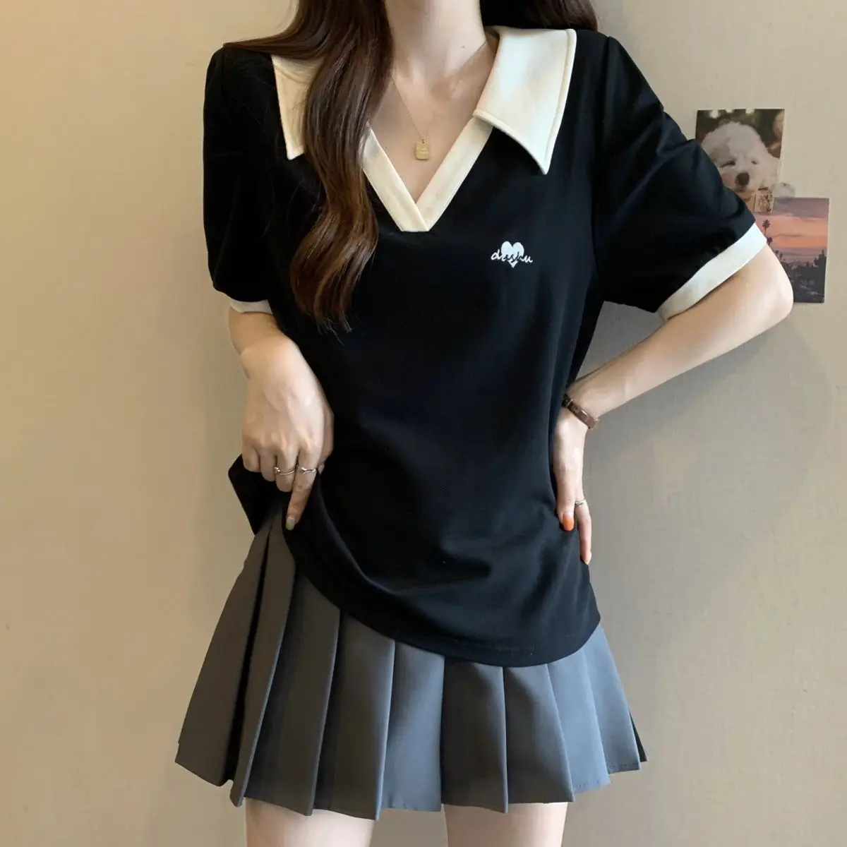 

Plus-size women's summer new color-blocking loose belly-covering and fat-hiding casual notched-collar short-sleeve T-shirt
