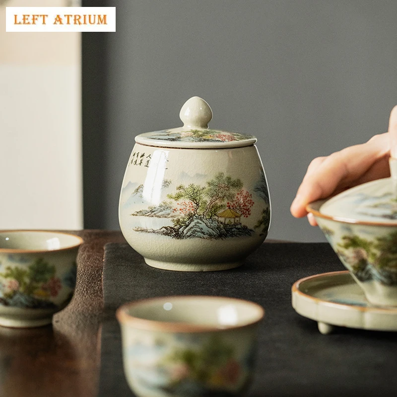 

Landscape ceramic Opening Tea Box Organizer Teaware Tea Container Can Jar For Storage Green Caddy Tin Tea Ceremony Utensils