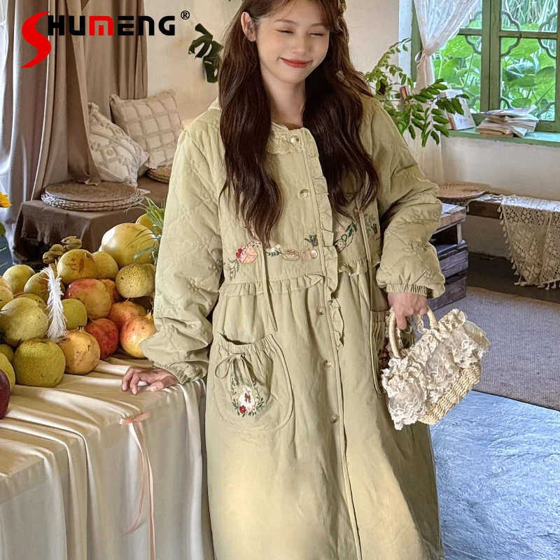 Милые длинные парки Mori Girls, новые осенне-зимние женские свободные утягивающие милые пуховые парки с вышивкой для девочек, пальто в стиле Лолиты