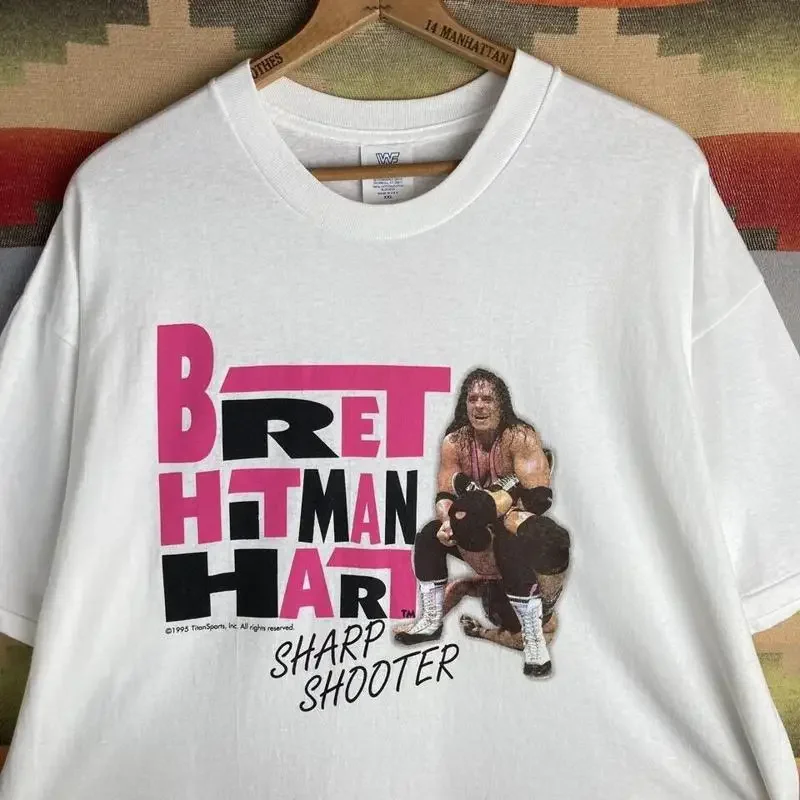 Camiseta vintage dos anos 90 1995 WWF Bret Hitman Hart Sharp Shooter Wrestling branca 2XL