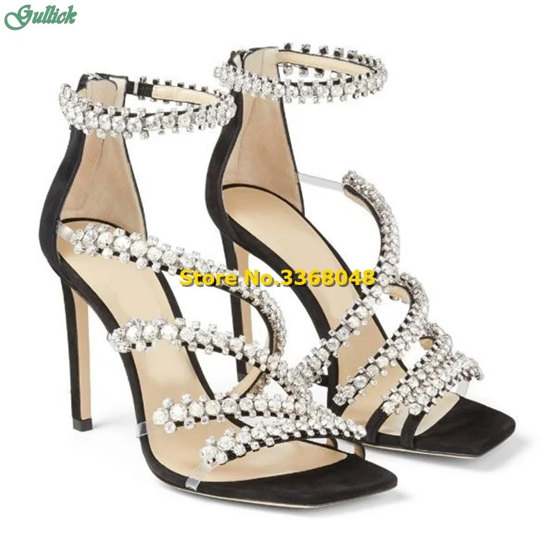 

Sparkling Crystal Strappy Sandals Black Whtie Five Strap Back Zipper Thin High Heel Square Toe 2024 Fashion Summer Women Shoes