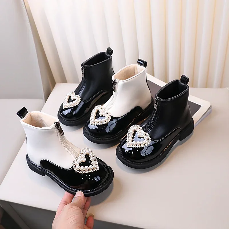 Winter Children Boots Pearl Love Heart Patchwork Fleece Girl's Short Boot Black Beige Warm Zipper Mid-calf Kids Shoes 23-36