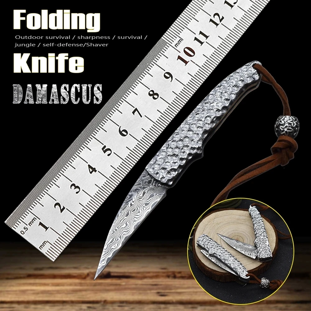 Damascus Steel Mini Pocket Folding Knife High Hardness Blade Camping Outdoor Hunting Equipment Letter Opener Survival Tool