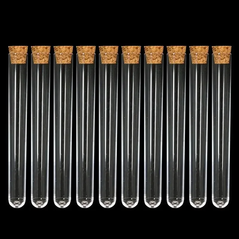 10pcs/set Transparent Plastic Test Tube with Cork Lid Cap U-shaped Bottom Long Transparent Test Tube Supplies Accessories 4