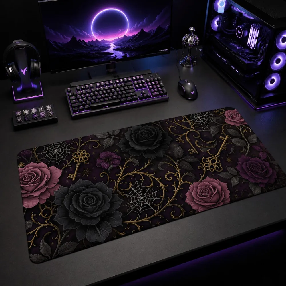 The game table mat features an original gothic rose flower pattern in a simple style, suitable for gamers, office users families