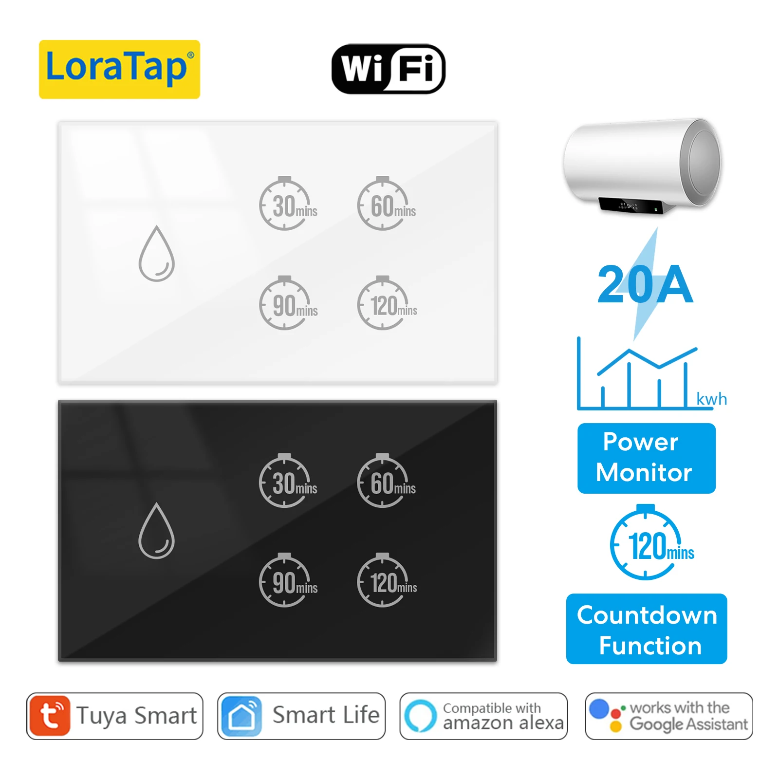 Tuya Smart Life 20A Boiler Water Heater Switch Touch Panel Control Timer Countdown Energy Monitoring Work with Google Home Alexa