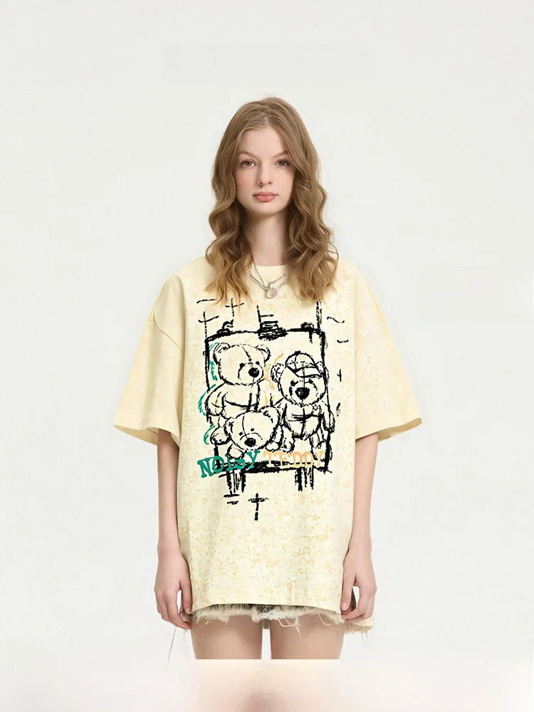 

Футболка оверсайз с круглым вырезом и милым принтом медведя для мужчин и женщин, летняя новинка NOISY TEDDY, хлопок, полиэстер