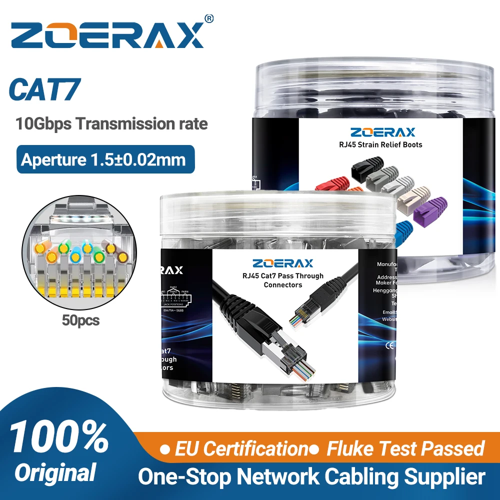 ZoeRax 50-Pack RJ45 CAT7 CAT6A Pass Through Connector Shielded Network Modular Plug, 3-Prong with Strain Relief Boots
