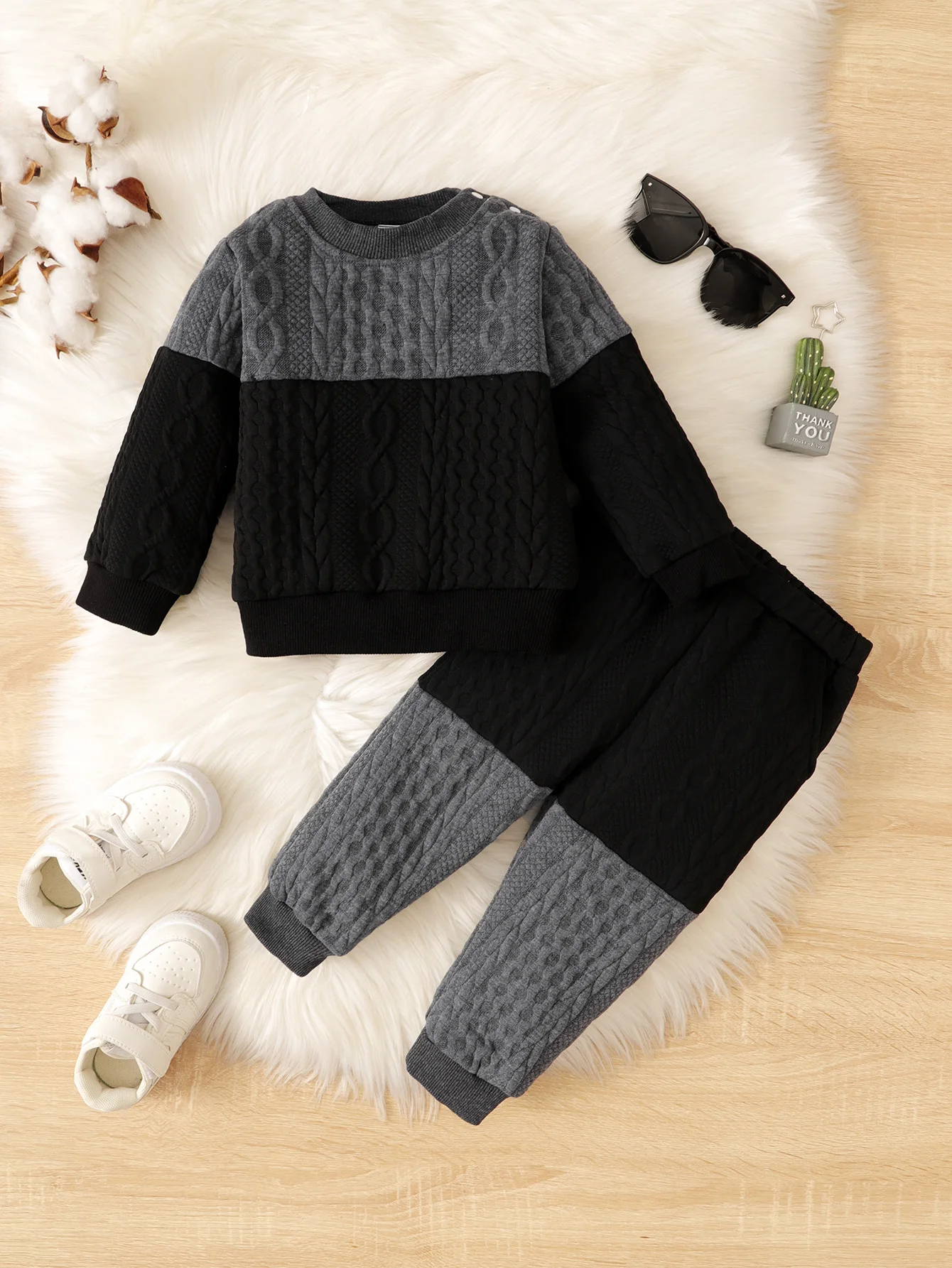 Casual Temperament Wind Two-Piece Baby Boy Knitted Splicing Long Sleeve Round Neck T-Shirt Thick Pants Loose Version Warm Suit