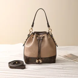 Women High-capacity Drawstring Bucket Shoulder Bag Casual Ladies Contrast Color Crossbody Bags Fashion PU Leather Female Handbag