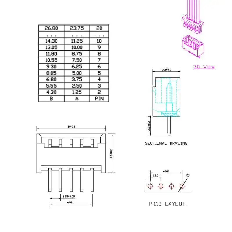 20 Stück 1,25 mm Rastermaß Buchsenstecker Gerade Gebogene Stifte 2P3p4p5p6p7p8p9p10p – Detail 2