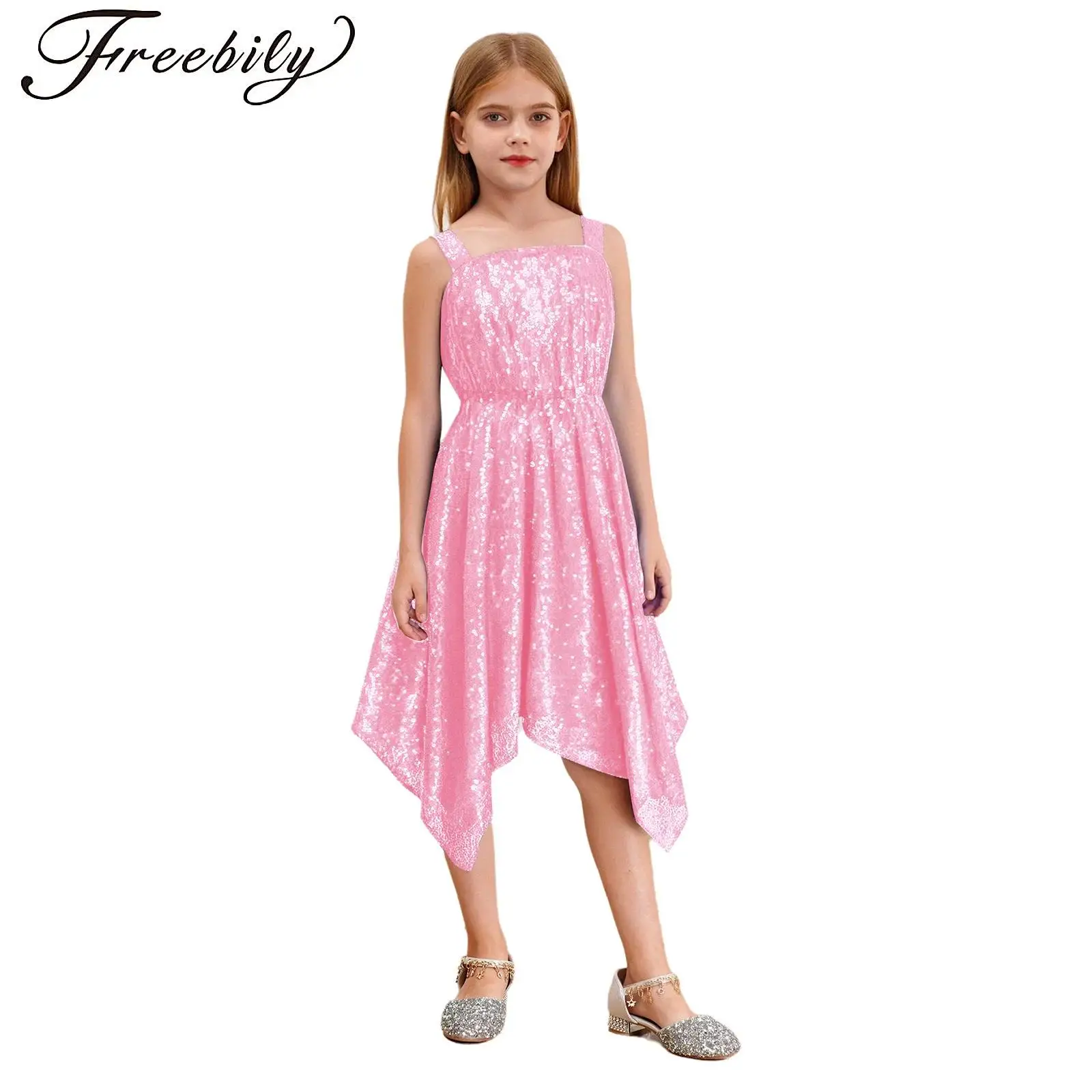 

Elegant Girls Birthday Party Dresses Sparkling Sequin Dress Wide Shoulder Straps Elastic Waist Asymmetrical Wedding Pageant Gown