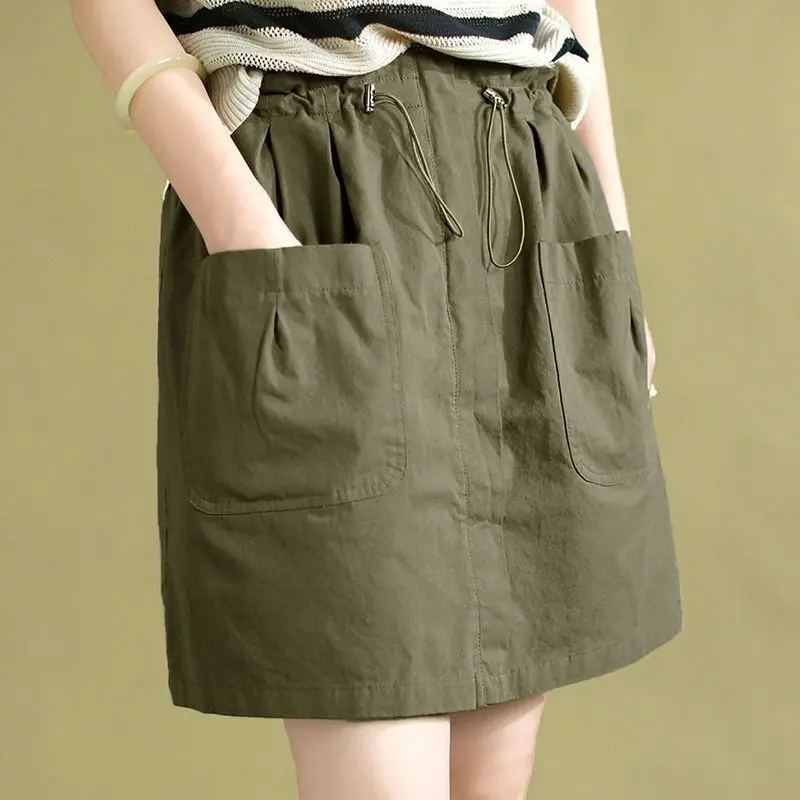 Fashion Elastic Shirring Spliced Pockets Casual Skirts Female Clothing Summer New Loose All-match High Waist Skirts