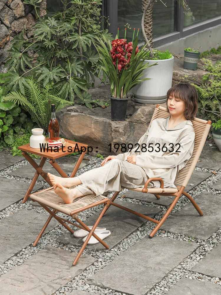 ZK Folding Recliner Home Garden Outdoor Rattan Chair Balcony Leisure Chinese Style Lazy Backrest Chair