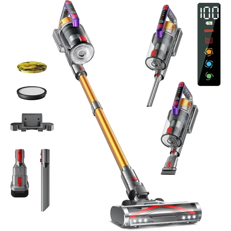 AZVKEA Cordless Vacuum Cleaner, 550W/45KPA Self-Standing Vacuum Cleaners, Max 60Mins Anti-Tangle Stick Vacuum with Aromatherapy