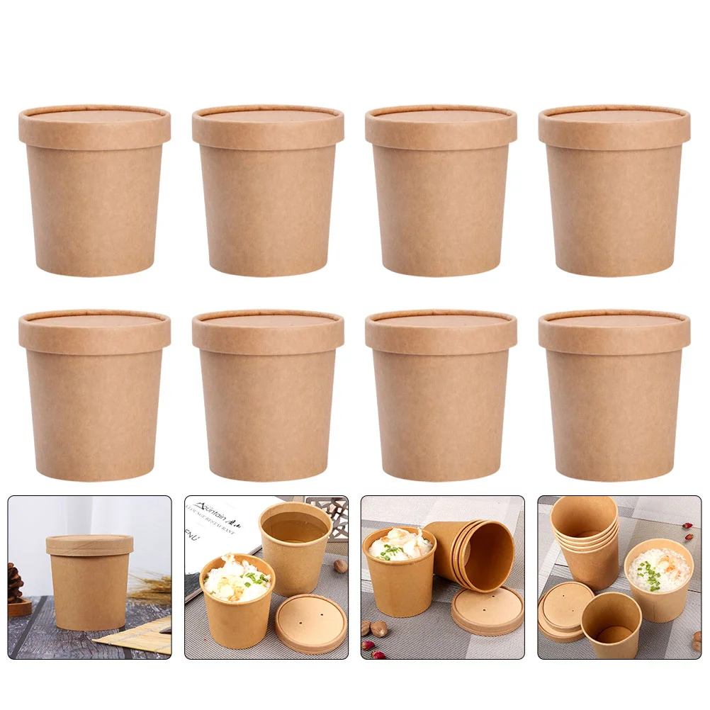 25 Sets Disposable Cowhide Soup Cup Food Containers Pulp Dessert Cups With Lids