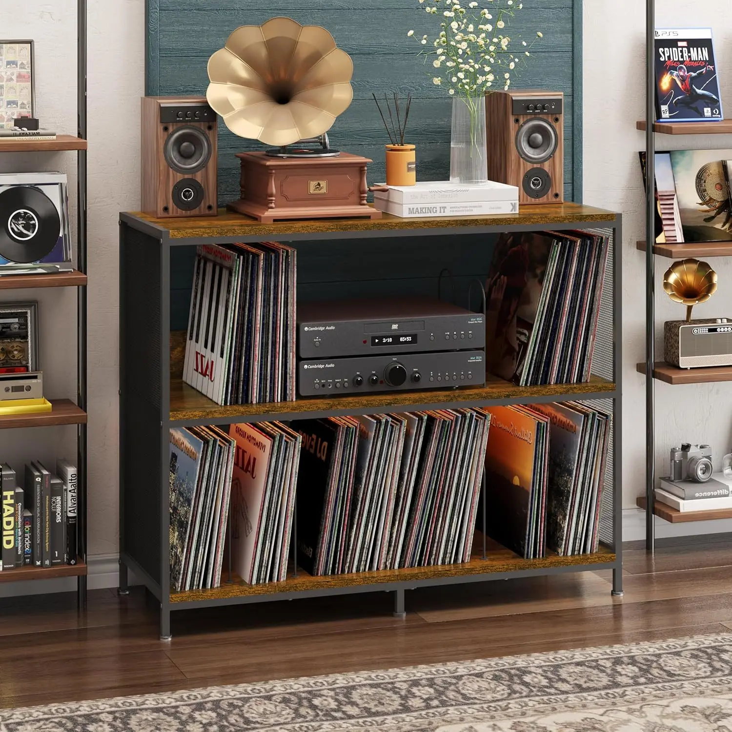 Mesa para tocadiscos, estante de almacenamiento de discos de vinilo bilateral, estante para tocadiscos, combinación de hierro y madera