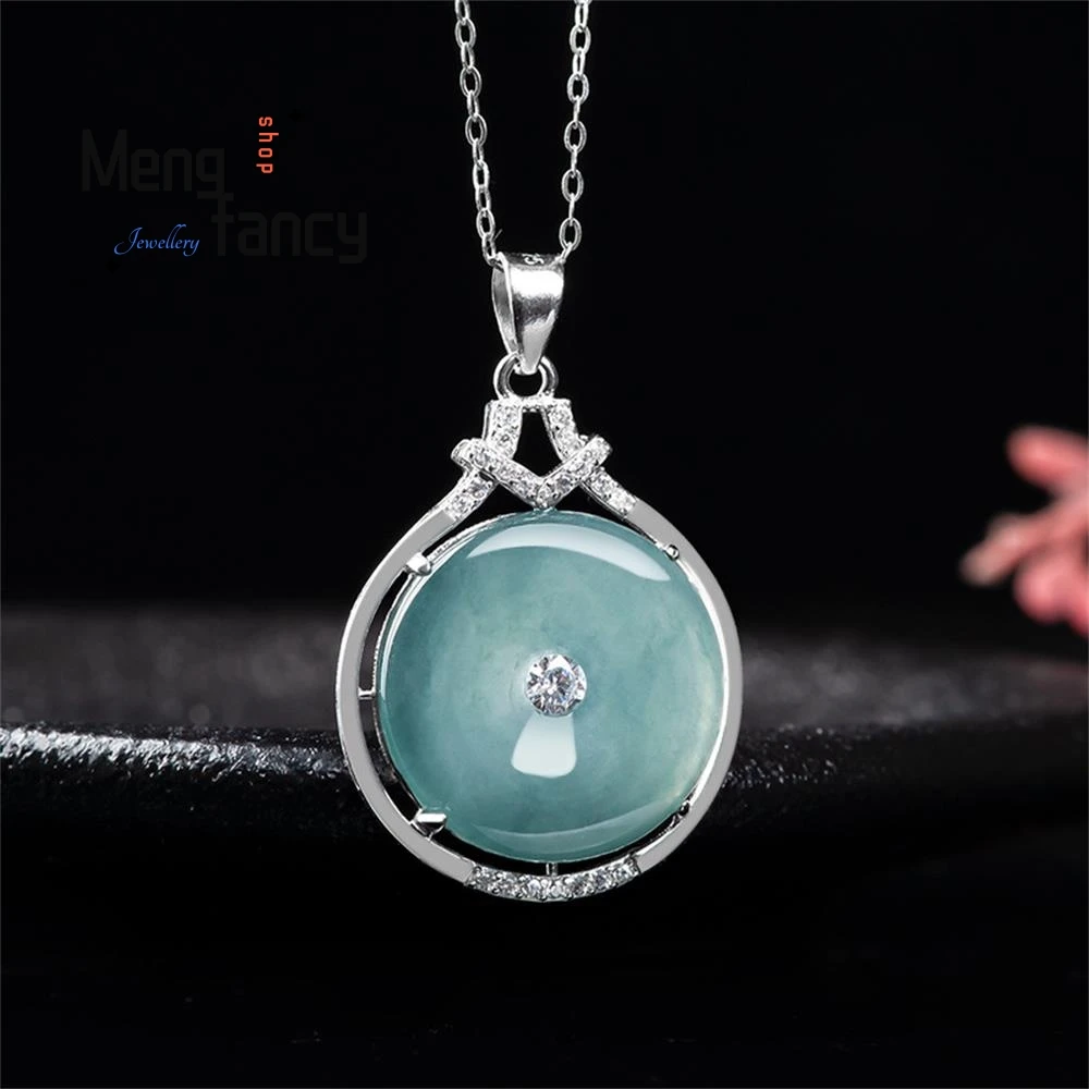 

Natural Jadeite Peaceful Buckle Pendant S925 Silver Inlay Charms Fashion Women Fine Jewelry Clavicular Chain Luxury Holiday Gift