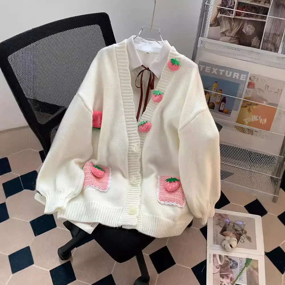 Pink strawberry cute sweet age-reducing cardigan sweater female autumn and winter 2024 new loose lazy style knitted jacket