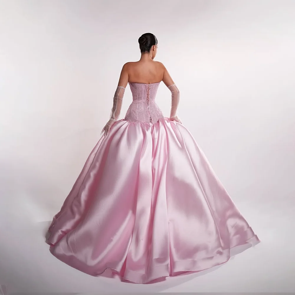 Customized Pink Strapless Beaded Corset Satin Mother Of The Bride Gown Ballgown Formal Wedding Evening Dress With Train