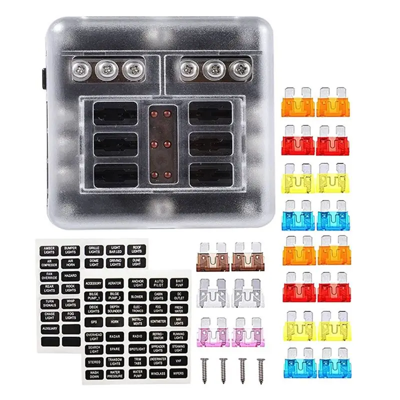 ABYN-12V Fuse Block Waterproof Boat Fuse Panel With LED Warning Indicator Proof Cover-6 Circuits With Negative Bus Fuse Box