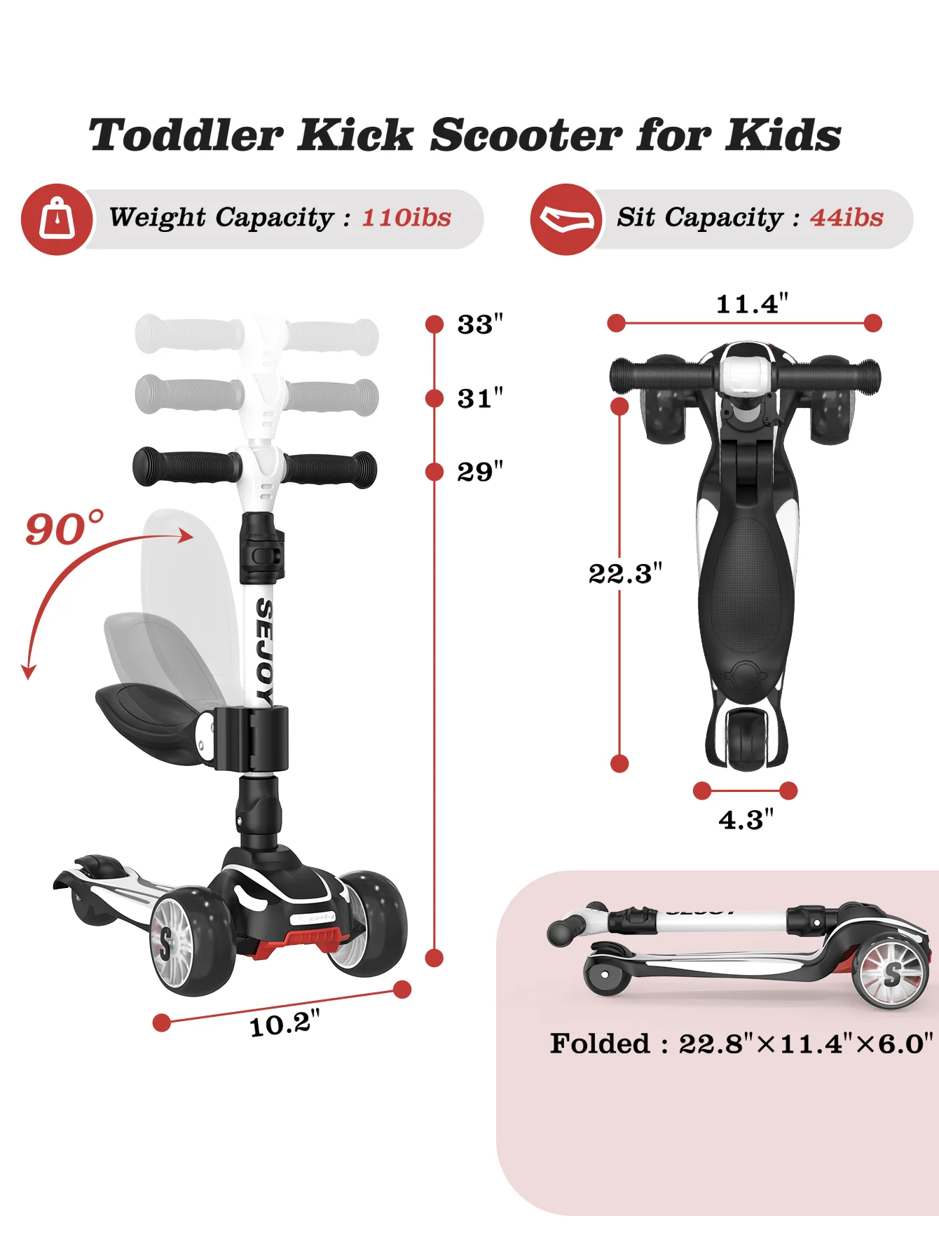 Sejoy Kid Kick Scooter Three Wheel with LED Flashing 3-in-1 Lightweight Children's Foot Scooters Height Adjustable