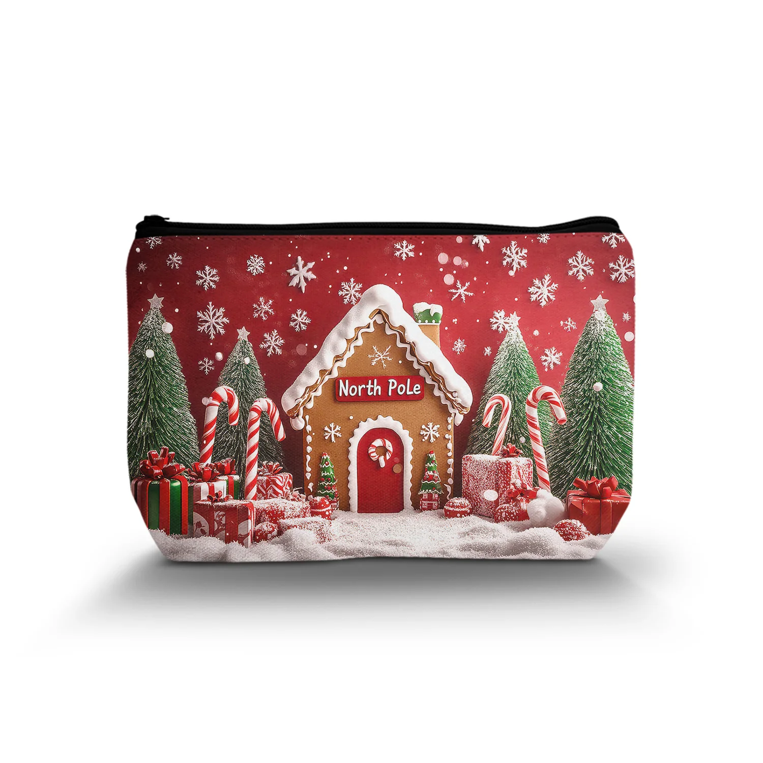 1Pc Gingerbread House Cosmetic Bag Christmas Decoration Scene Snowflake Cartoon Style Cosmetic Bag With Zipper