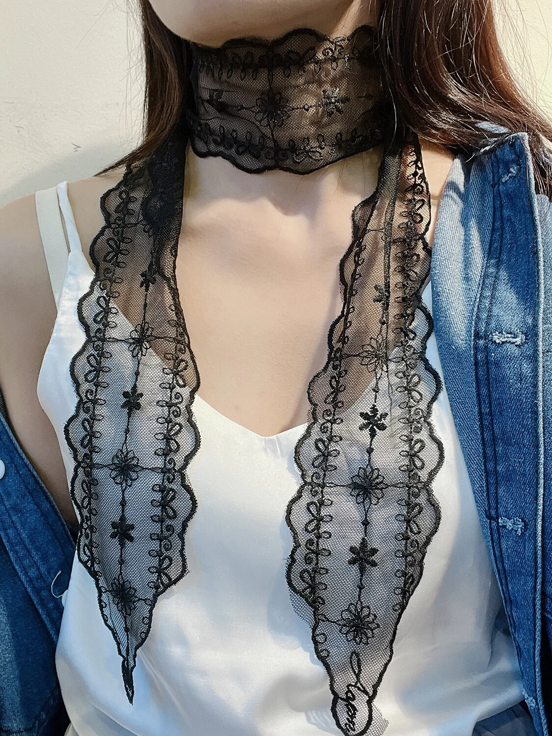 Pañuelo de Encaje de Color Puro Estilo Coreano Retro para Mujer, Pañuelo Decorativo Pequeño y Largo para el Cuello, Diadema M...