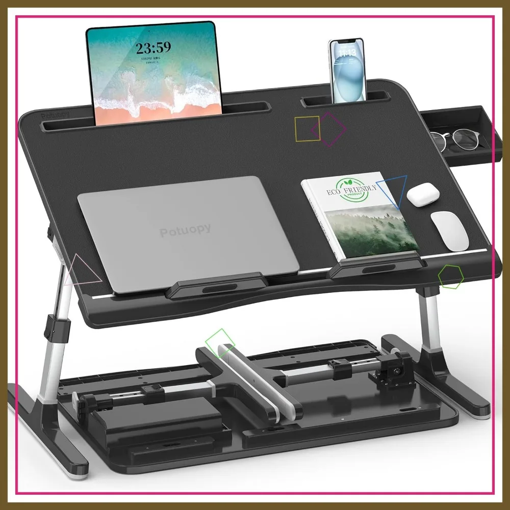 

Adjustable Laptop Bed Table with Drawer, Wide Folding Desk for Couch Floor Use in Black