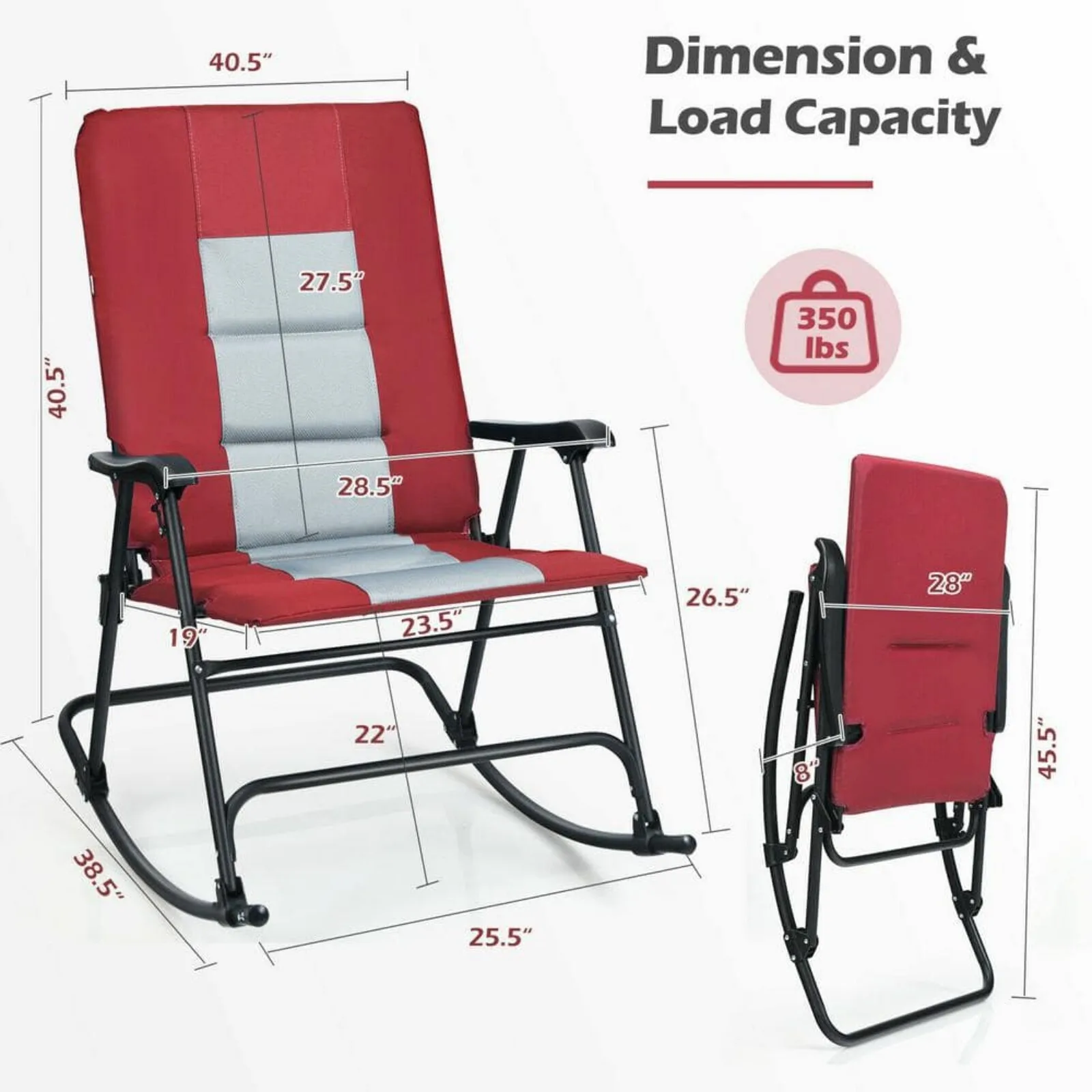 US Foldable Rocking Padded Portable Camping Chair with Backrest and Armrest