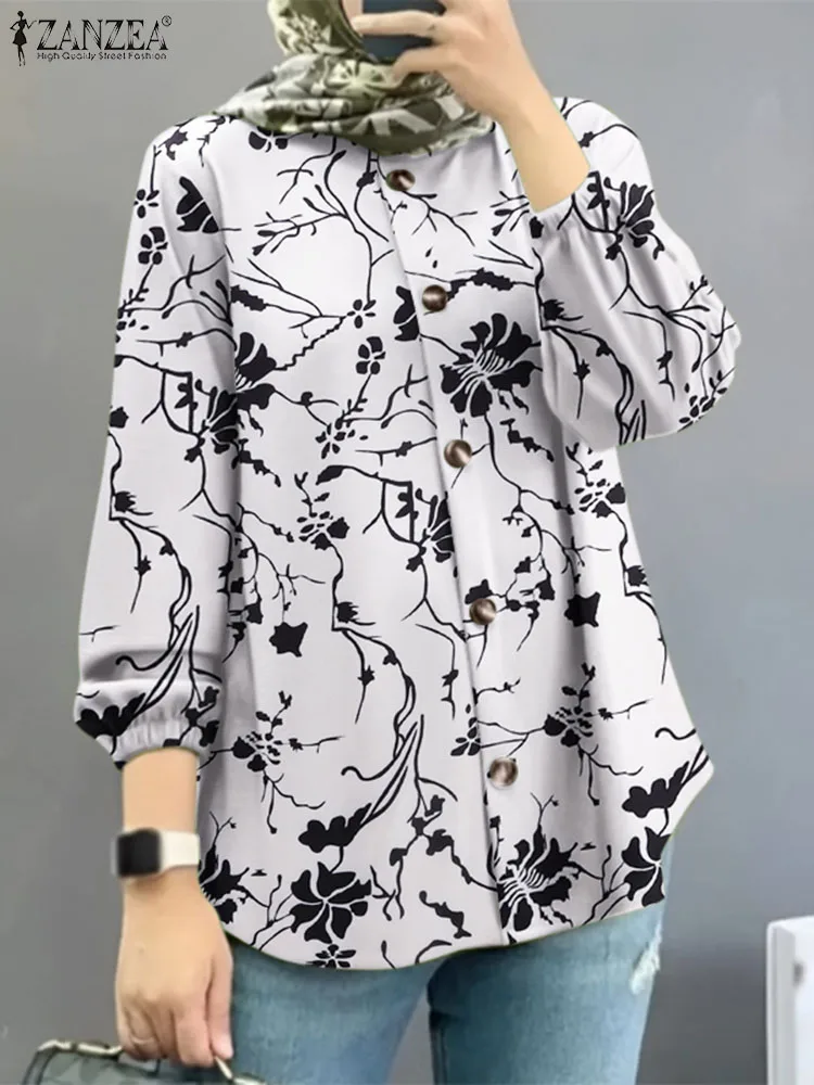 ZANZEA Women Vintage Muslim Blouse Autumn Long Sleeve Floral Printed Shirt Casual Marocain Eid Mubarek Tops Spring Party Blusas