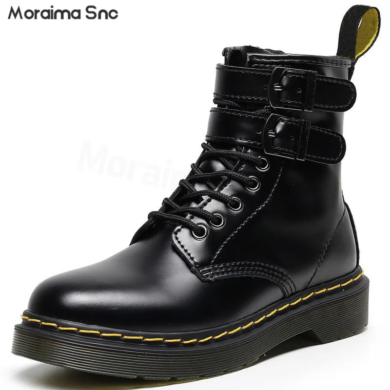 

Double Buttoned Black Motorcycle Boots Round Toe Leather Side Zipper Lace New Boots Large Size Fashionable Casual Women's Boots