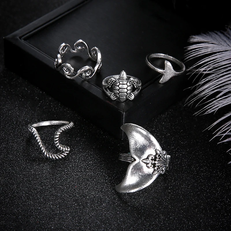 1 Set Boho Women Rings Set Geometric Turtle Whale Tail Waves Ring Charm Waves Rings Lady Jewelry Lover Gift Metal  Fashion