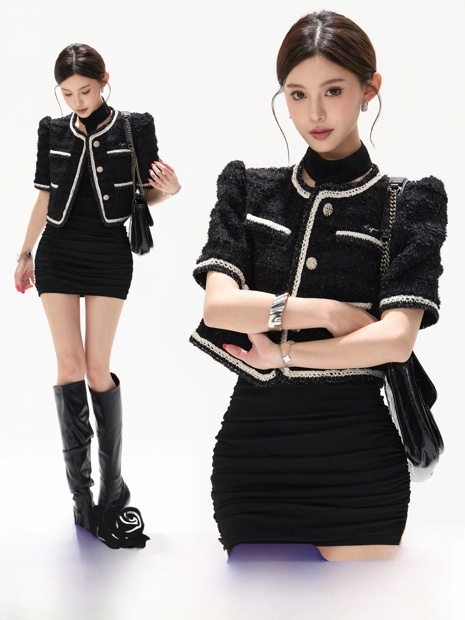 

CYNR Original Design Hampton Night Short Coat Black White Contrast Color Bright Silk Thickened Woolen Sleeveless Women's Jacket