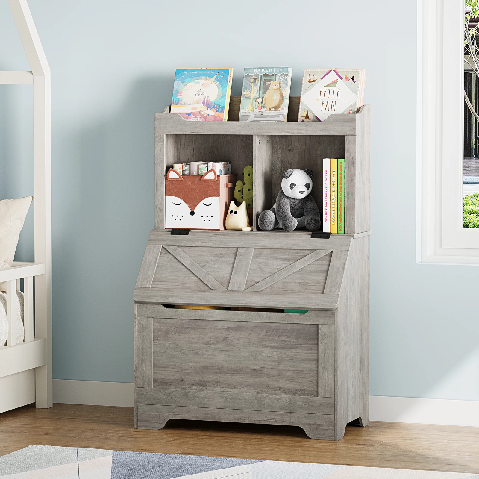 47.8''H Wooden Kids Bookcase and Toy Storage Organizer with Flip-Top Lid,Boys/Girls Toy Storage Organizer for Playroom, Bedroom,