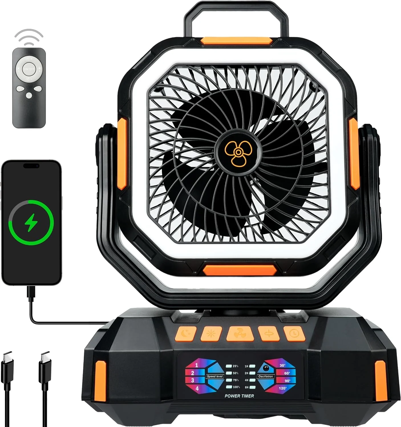 

Portable Camping LED Fan with Light 40000mAh Battery 4 Speeds 4 Timing 5 Lighting Modes with Remote Control Stronger Wind